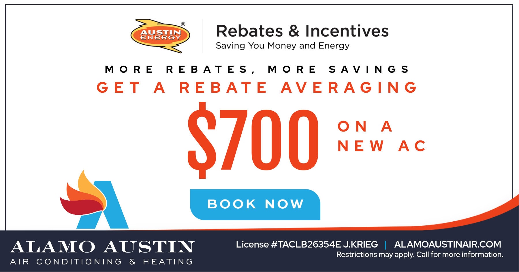 Get a rebate averaging $700 on a new AC. Restrictions may apply. Call for more information.