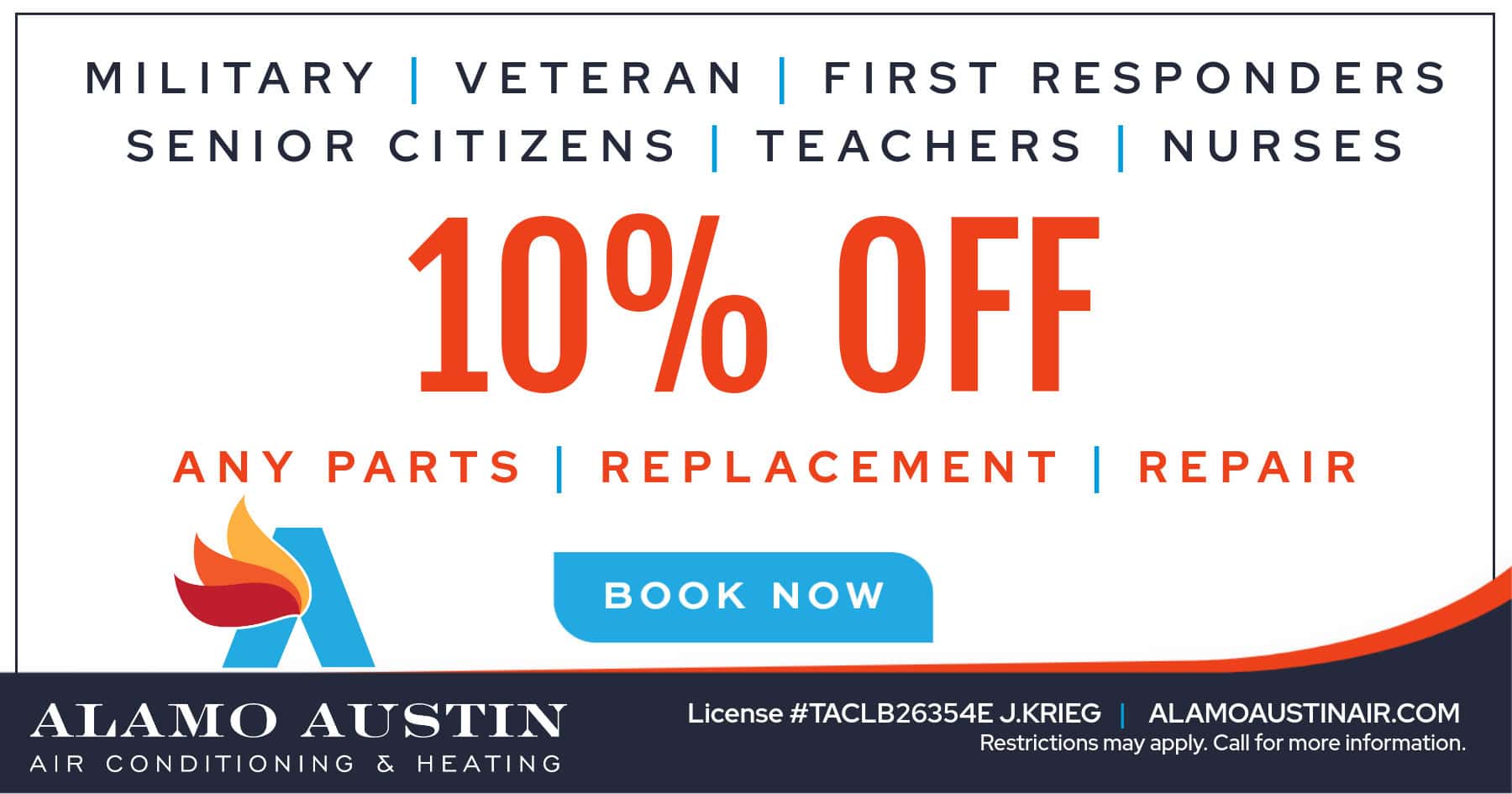 10% off any parts, replacement, or repair for military, first responders, and more. Call 512-265-0465 for details.